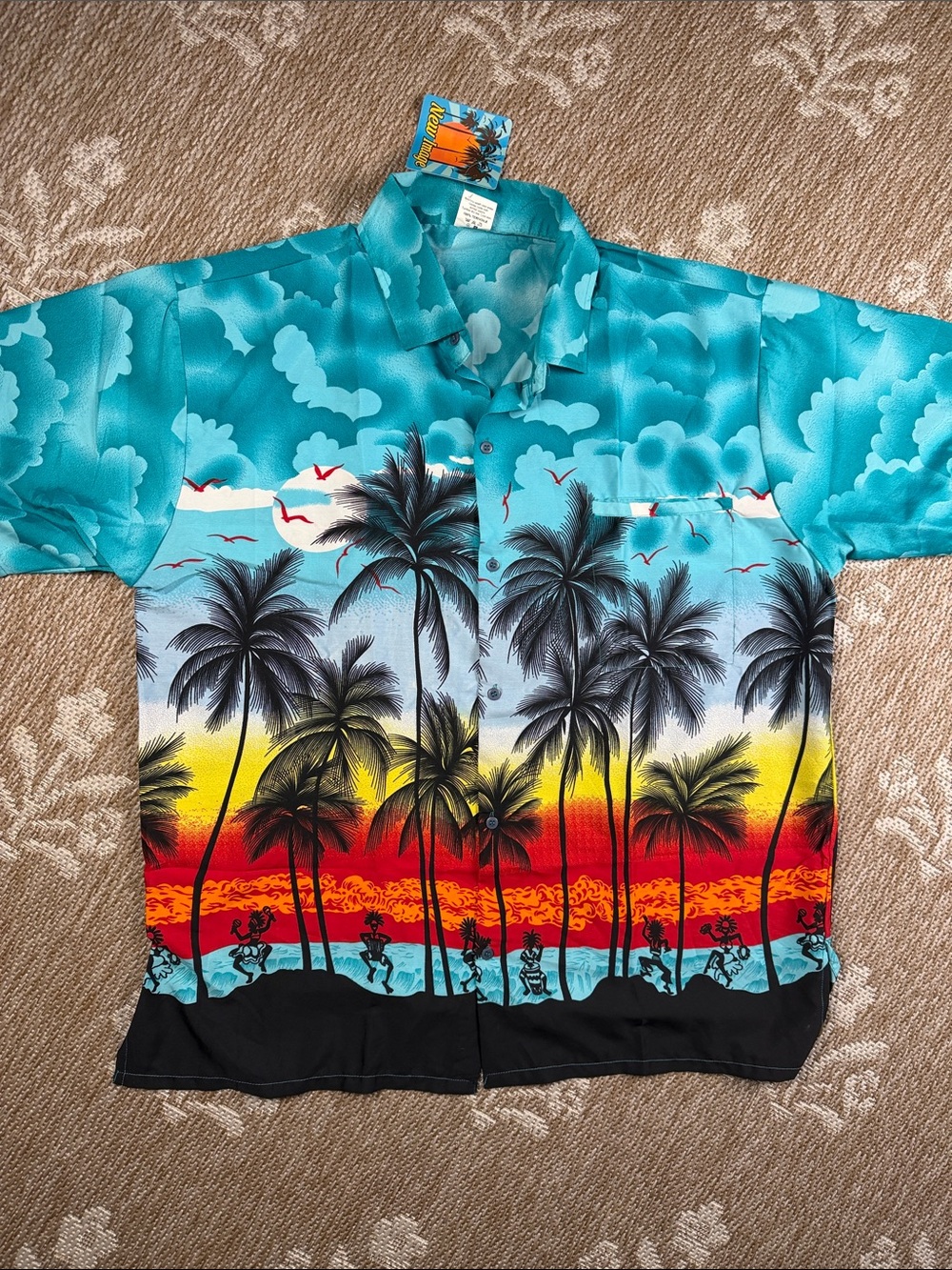 NWT New Image Men's Teal Tropical Palm Short-Sleeve Button-Down Shirt
